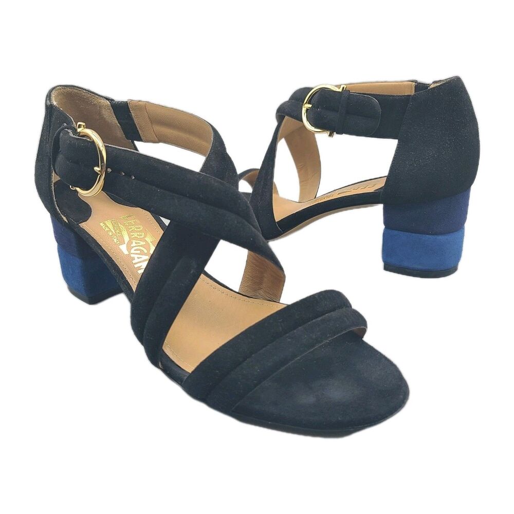 Salvatore Ferragamo women sandals black suede blue shaped heel strappy sz 8 B
